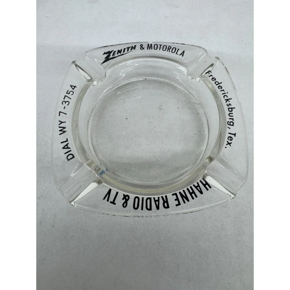 Zenith Motorola Clear Advertising Ash Tray Fredricksburg Texas tobacciana